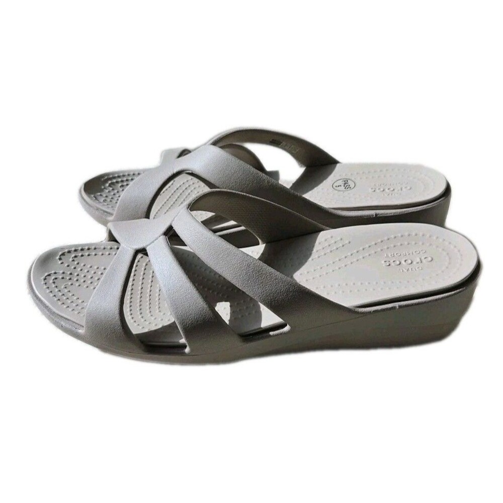 Crocs Sanrah Wedge Sandals Womens Size 10 Brown Comfort Slip On Casual